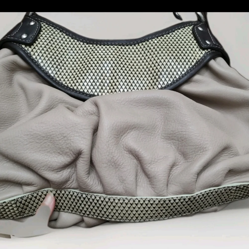 Adrian Vittadini Leather Shoulder Bag W/Snake Skin Look Trim Wide Leather Strap